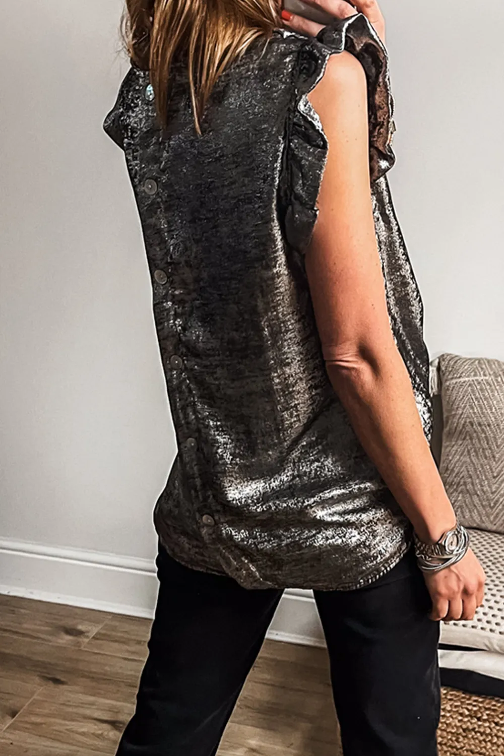 Silvery Metallic Round Neck Ruffle Top