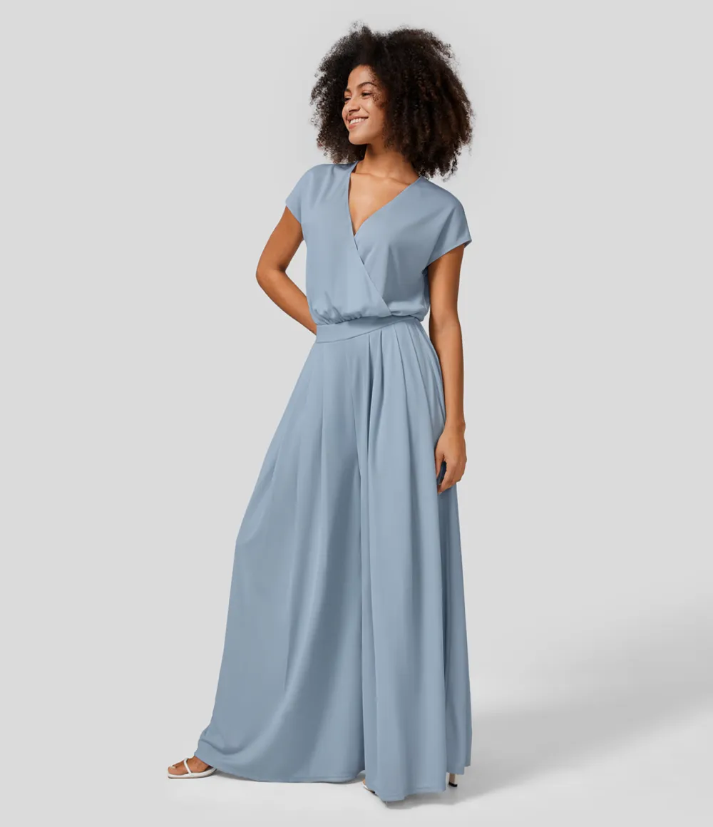 V Neck Short Sleeve Plicated Side Pocket Wide Leg Flowy Waffle Casual Jumpsuit
