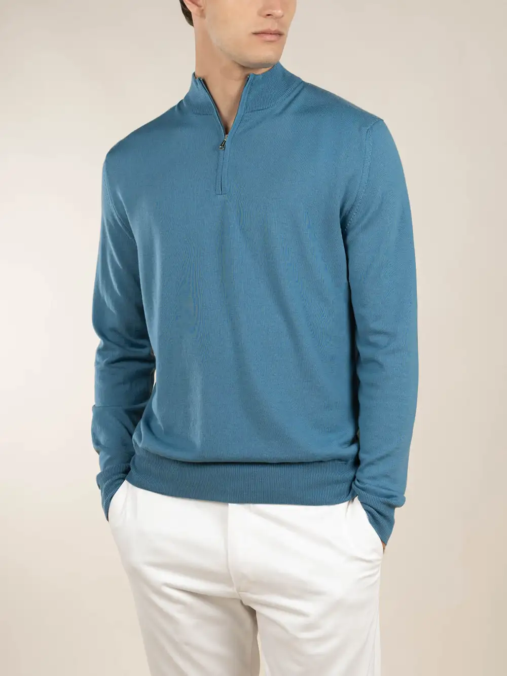 Cashmere Merino Blend Detail Zip Neck Sweater With Zip Front Funnel Neck Knit Construction