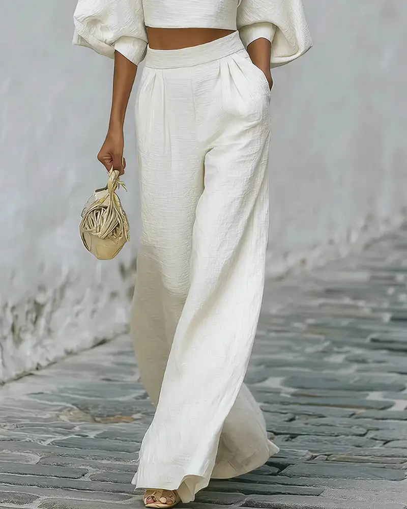Textured Two-Piece Set Puff Sleeve Crop Top and Wide Leg Pants