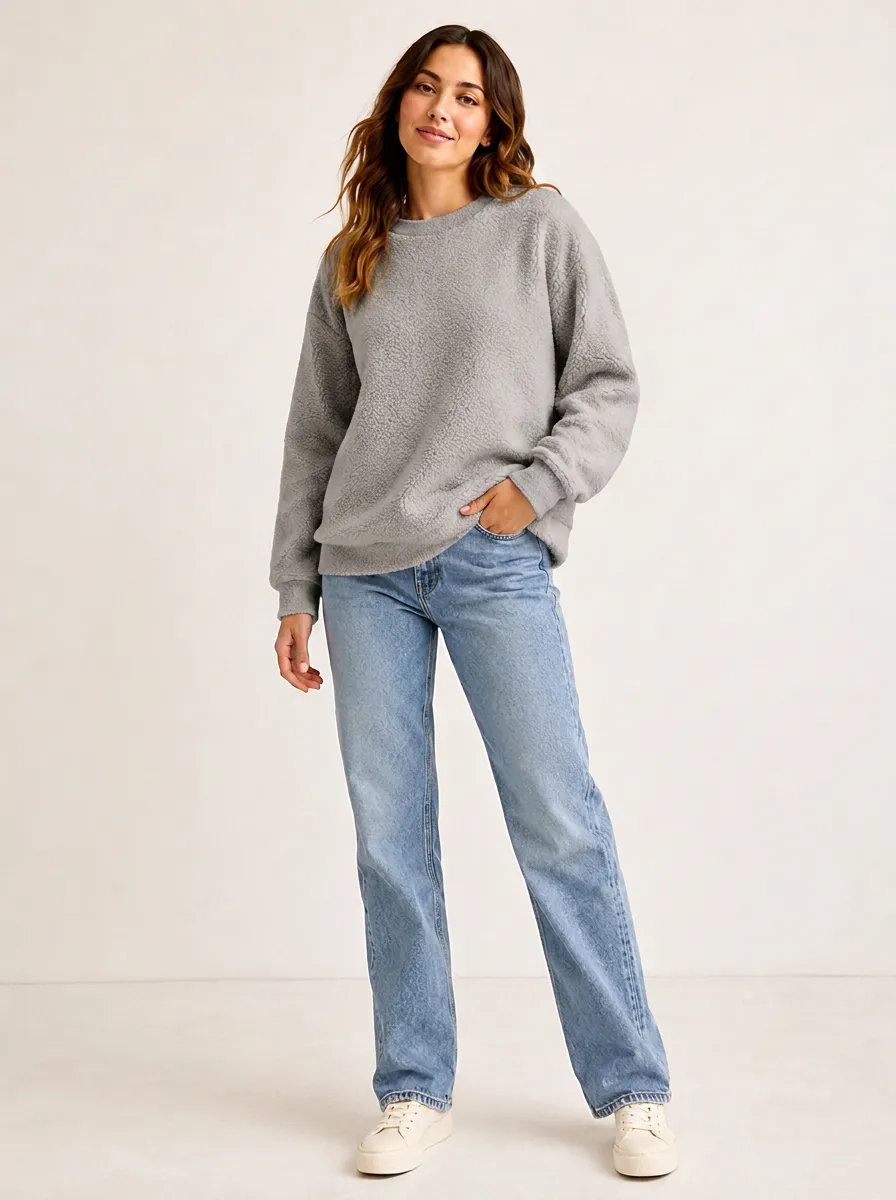 Women's Casual Cozy Grey Fleece Textured Pullover Sweatshirt