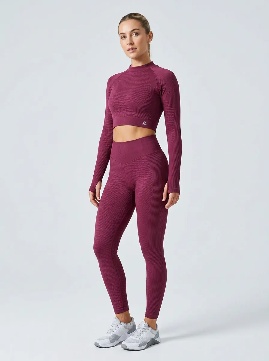 Women's Fitness Gym Burgundy Seamless Long Sleeve Crop Top Leggings Set