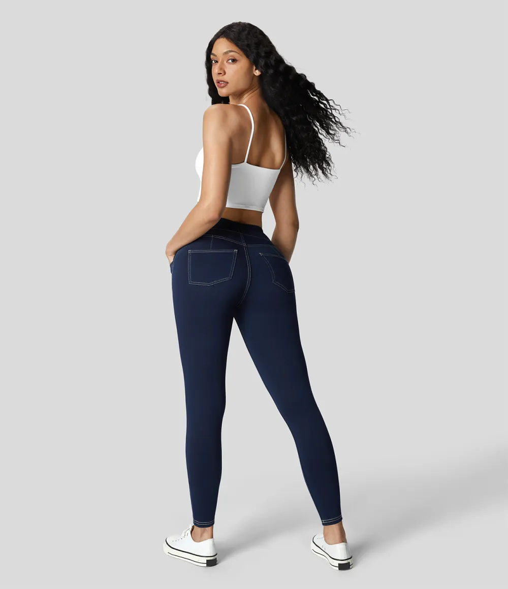 Magic Curvy High Waisted Decorative Button Multiple Pockets Stretchy Knit Denim Casual 7/8 Leggings