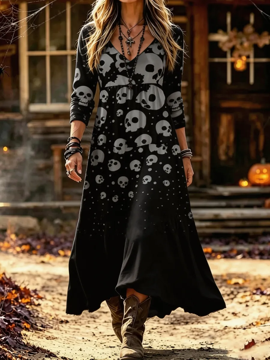 Women'S Halloween Skull Cascade Print Pattern Dress