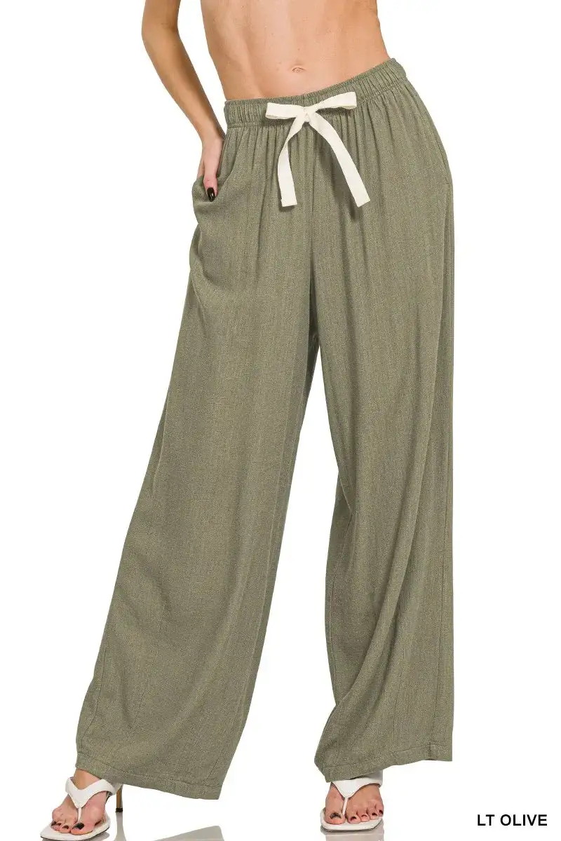 Drawstring Linen Relaxed Fit Pocketed Pants