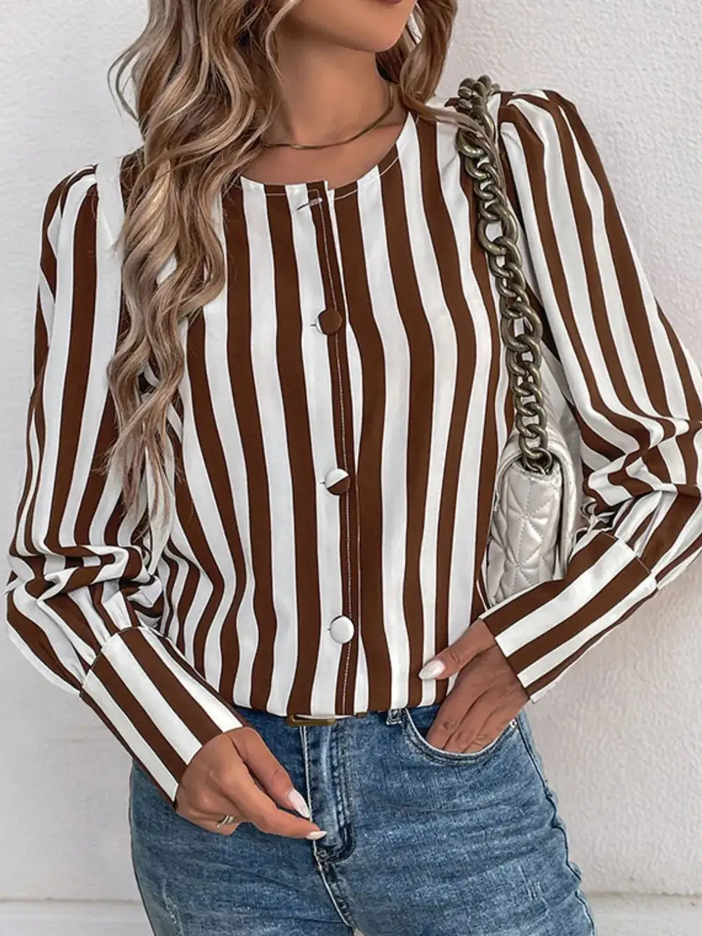Striped Round Neck Long Sleeve Blouse