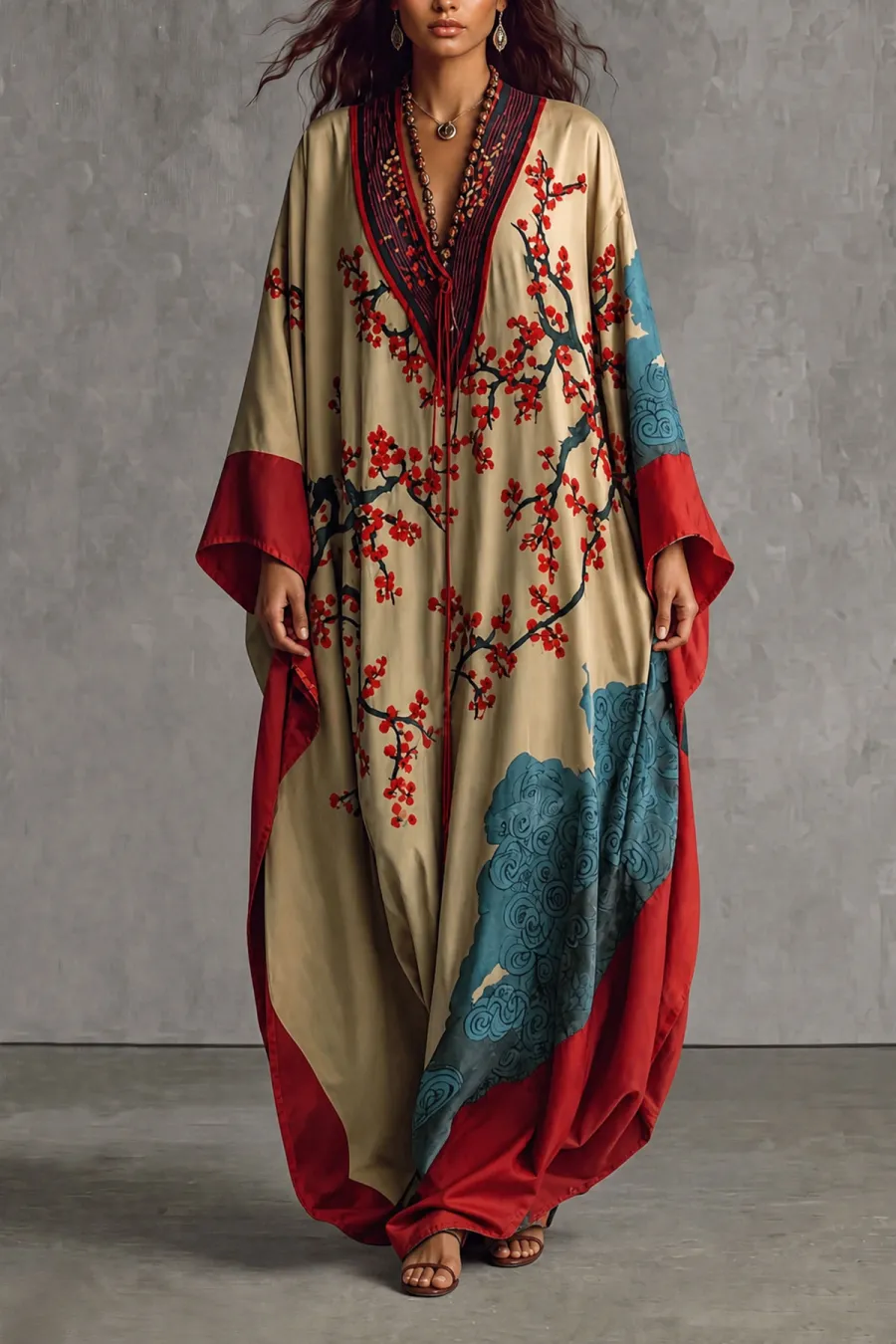 Classic Batwing Sleeve Printed Maxi Dress