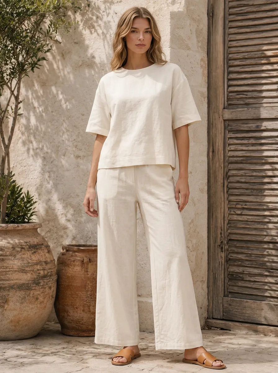 Women's Boxy Elbow-Sleeve Crewneck Top And Wide-Leg Trouser Two-Piece Set