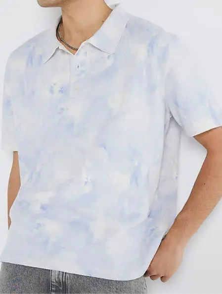 Men's Blue Tie Dye Loose Fit Camouflage Polo Shirt Short Sleeve