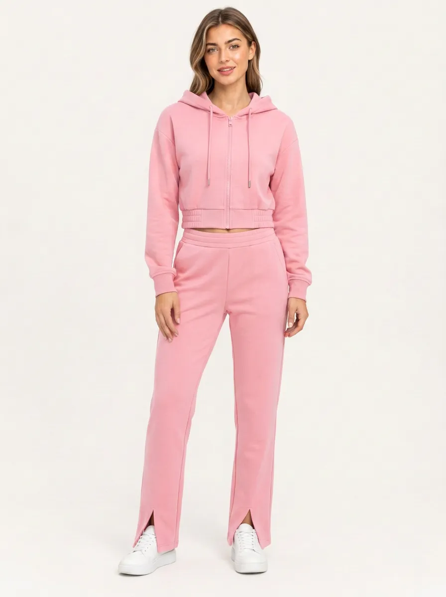 Women's Solid Blue Zip-Up Crop Hoodie Split Hem Pants Set