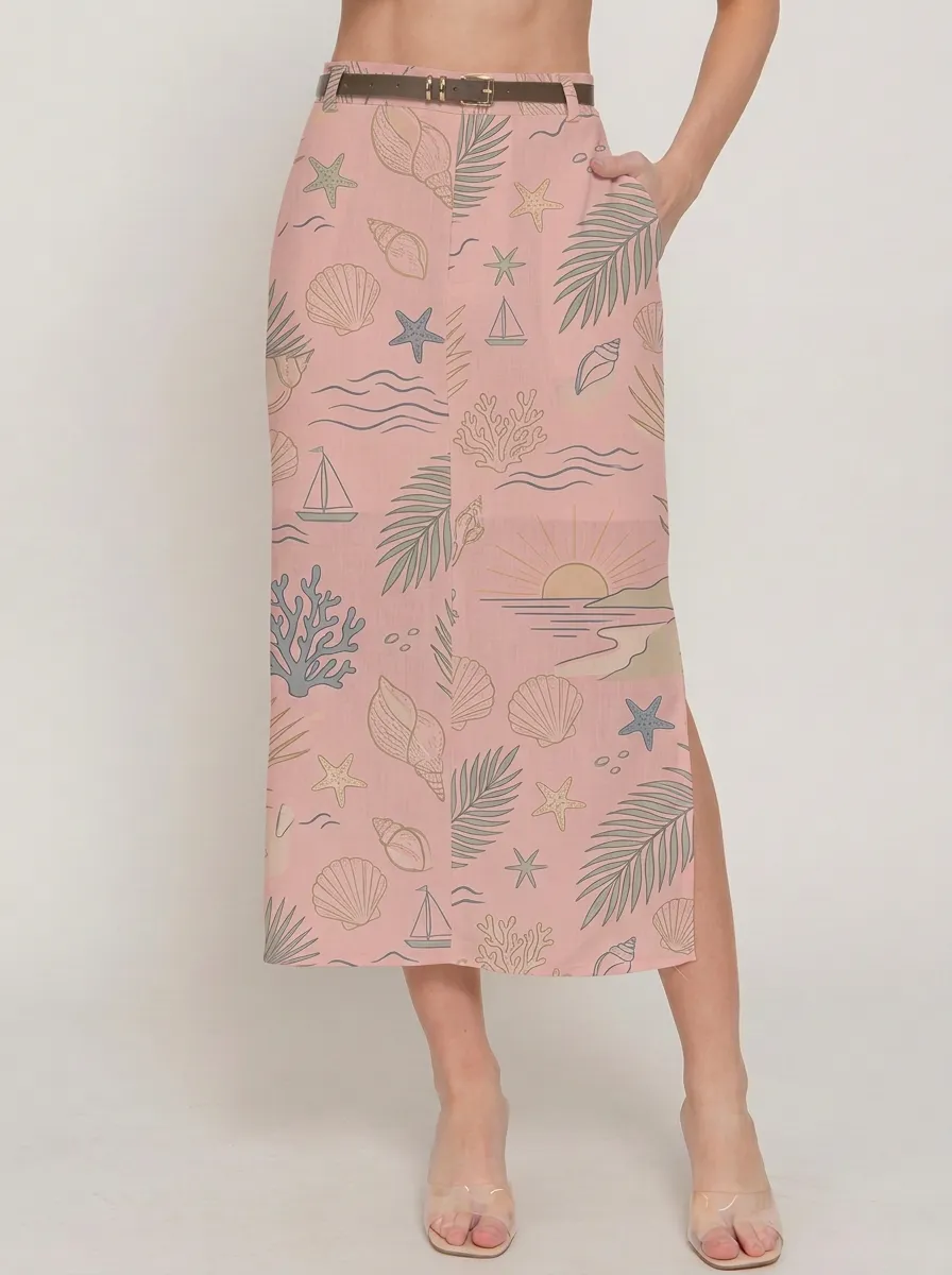 Women's Beach Lover Seashell Palm Leaf Sunset Printed Skirt