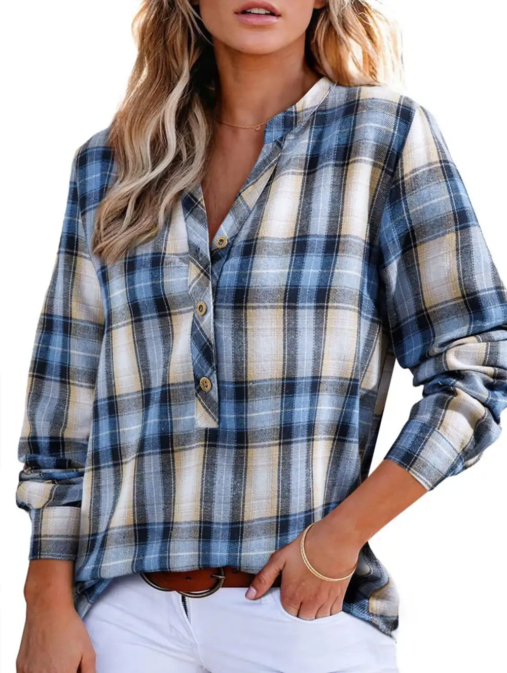 V Neck Plaid Button Shirt