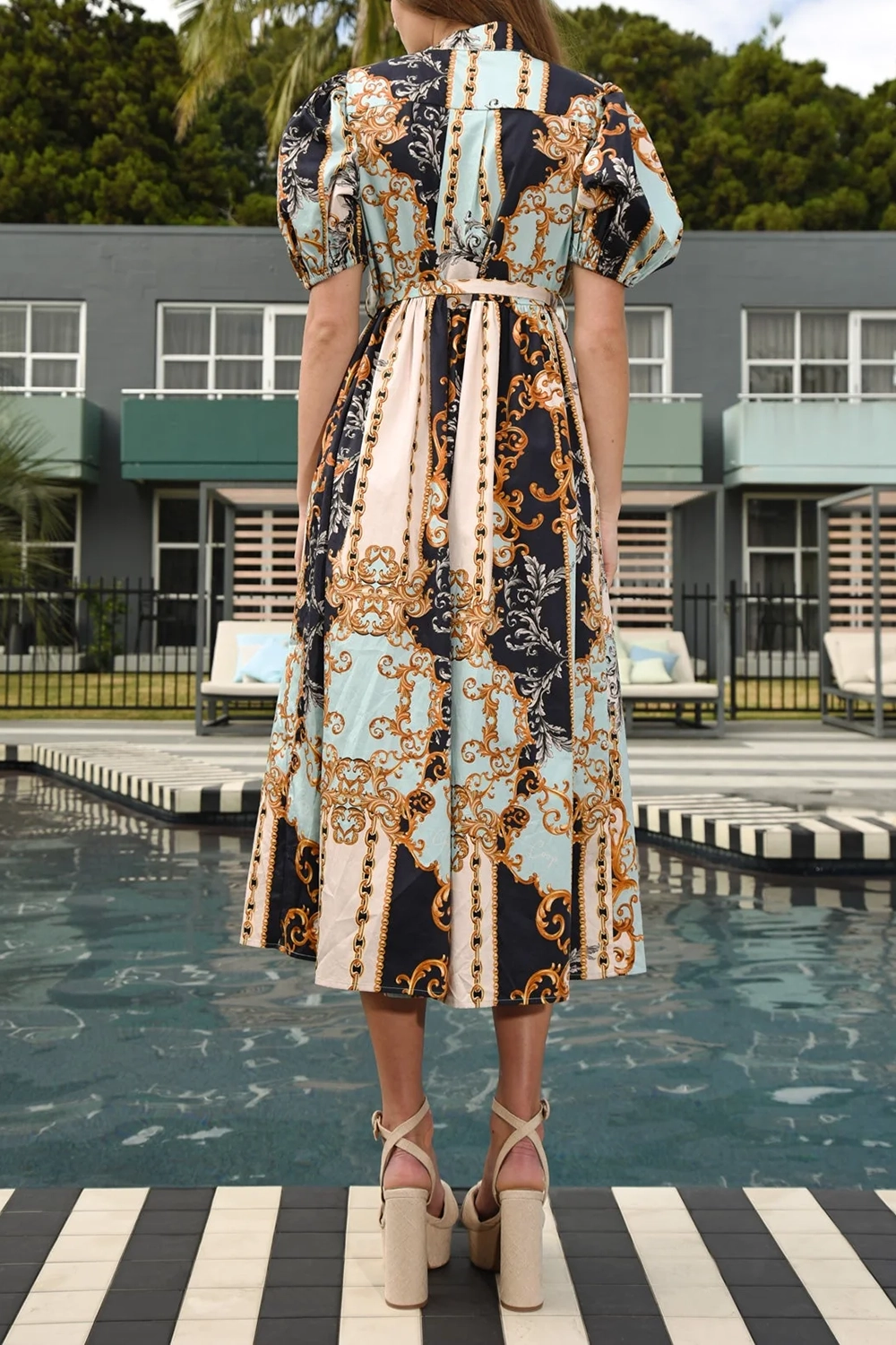 Printed Belted Short - Sleeve Midi Dress