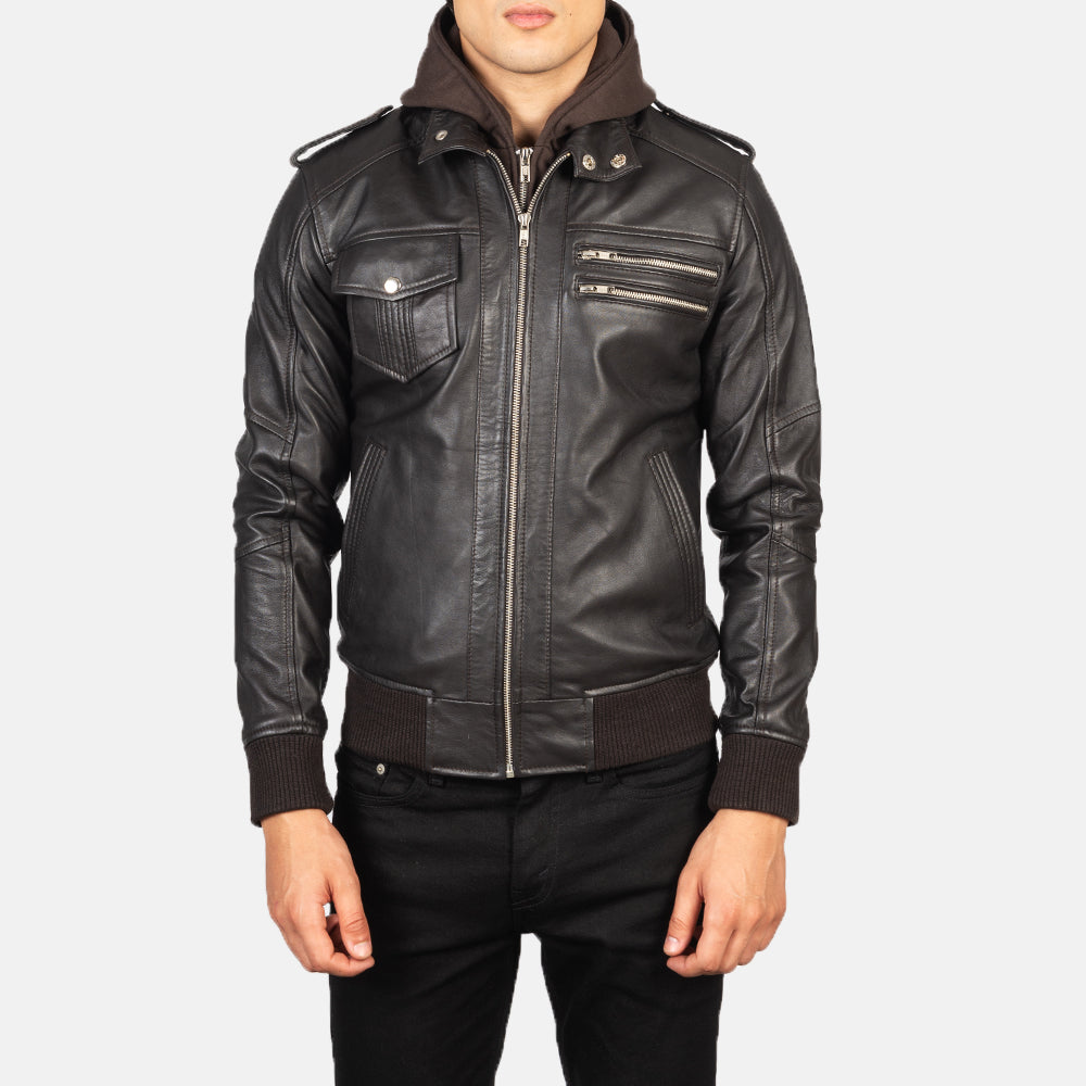 Men's Rugged Bomber Hooded Leather Jacket