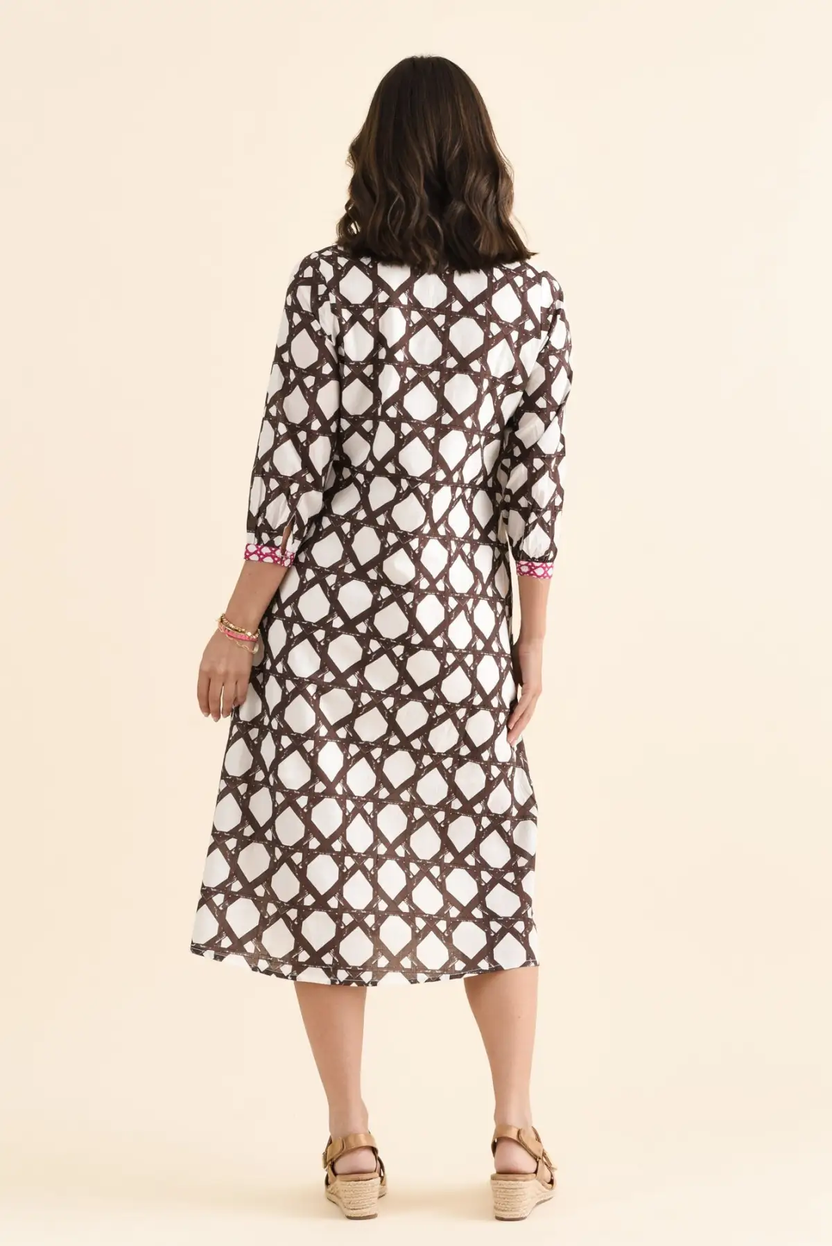 Geometric Cotton Pocket V-Neck Three-Quarter-Sleeve A-Line Below-Knee Dress