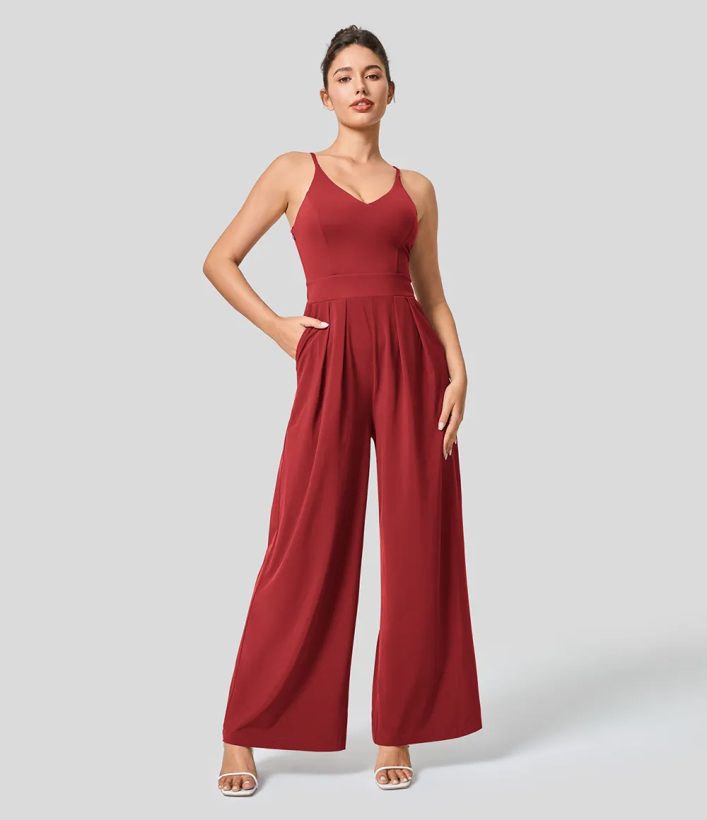 Breezeful Backless Side Invisible Zipper Pocket Wide Leg Quick Dry Resort Slip Jumpsuit