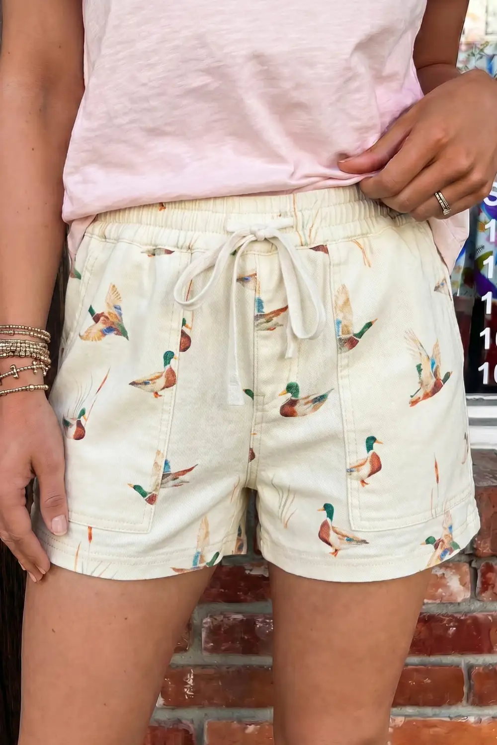 Wild Duck Mallard Printed Drawstring Denim Shorts