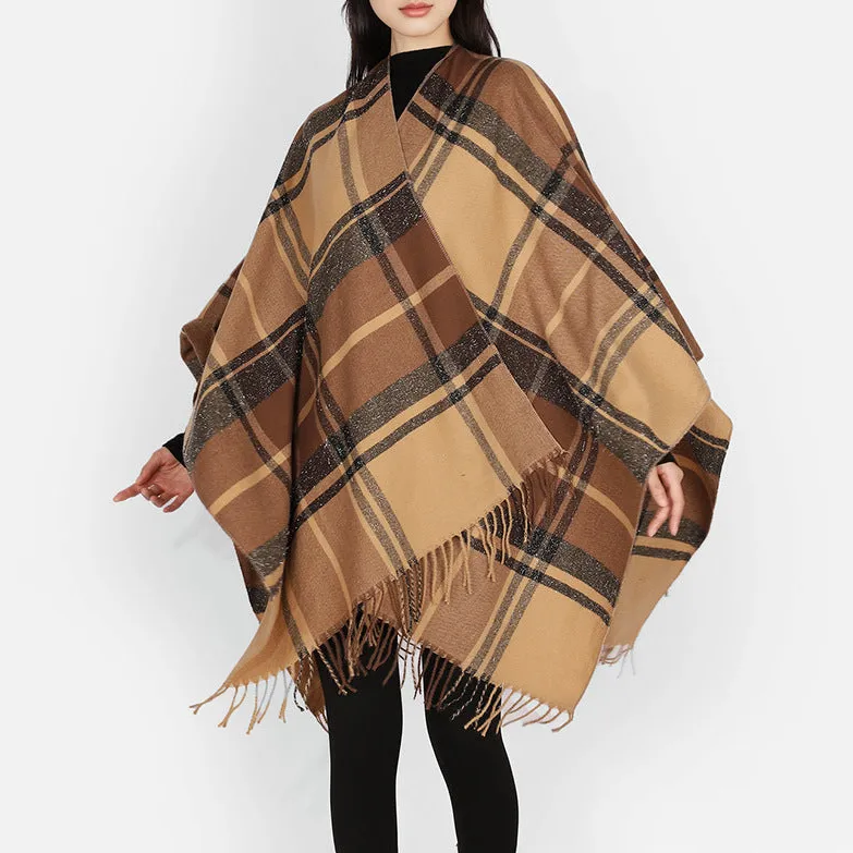 Plaid Fringed Wool Blend Wrap Scarf