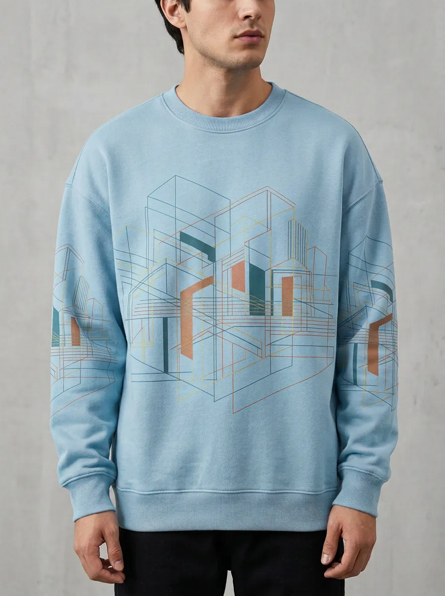 Men's Geometric Architecture Cityscape Printed Sweatshirt