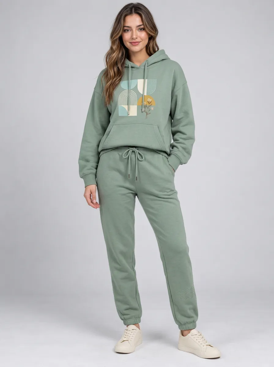 Women's Sage Green Drawstring Hood Solid Hoodie & Pants Set