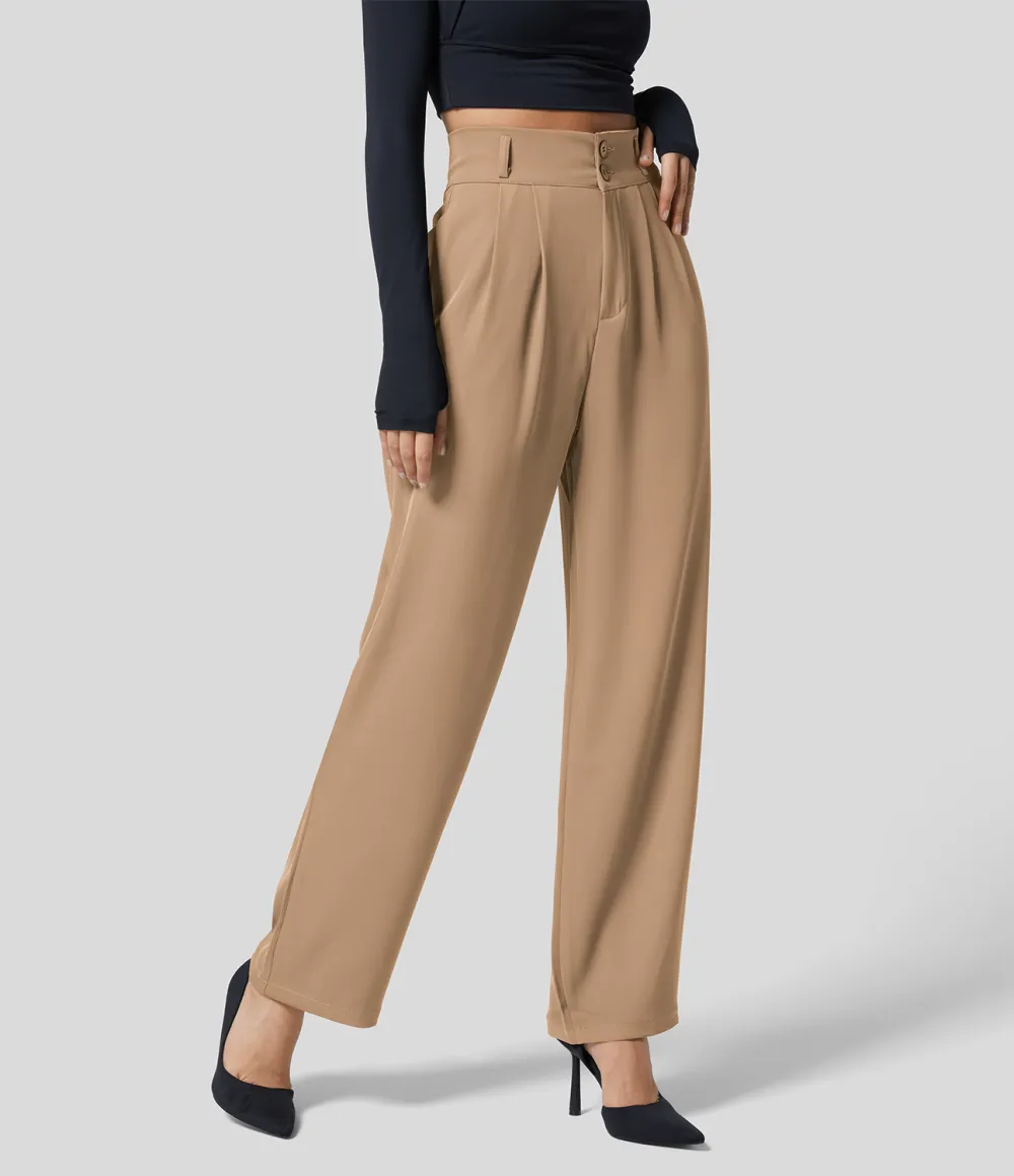 High Waisted Button Zipper Plicated Side Pocket Shirred Straight Leg Work Pants