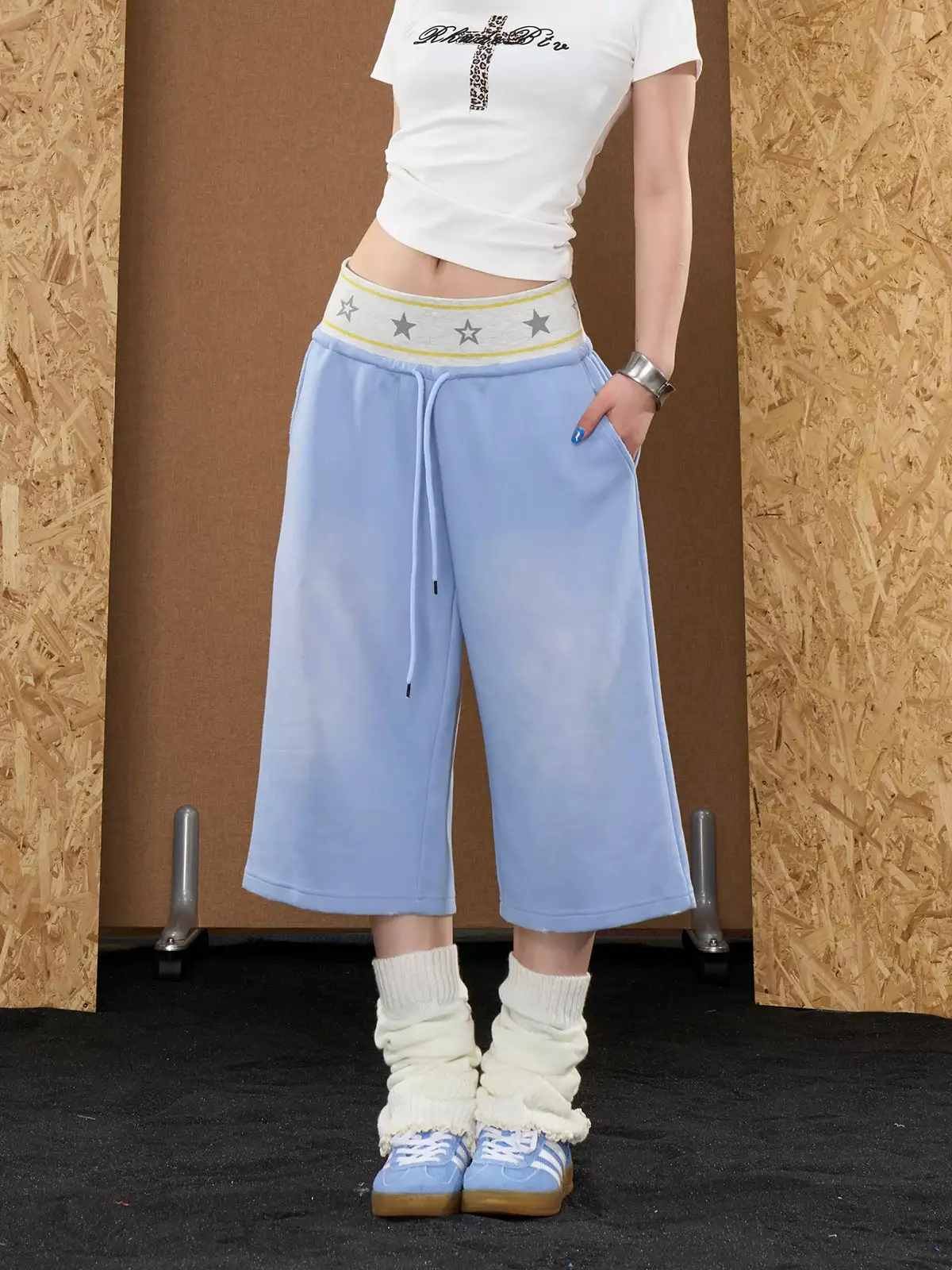 Wide-Leg Star-Graphic Patchwork Shorts