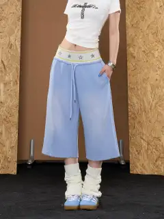 Wide-Leg Star-Graphic Patchwork Shorts