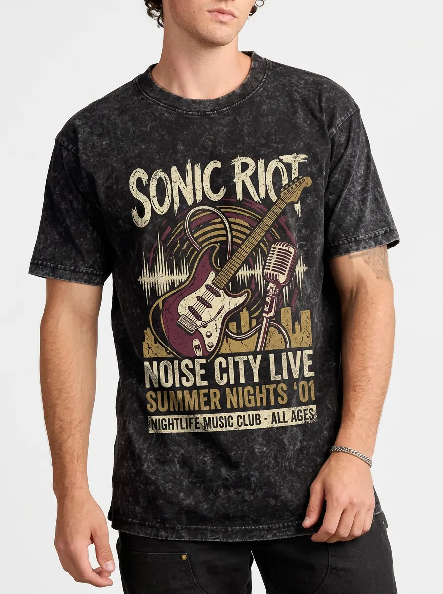 Men's Rock Music Lover Sonic Riot Guitar Microphone Printed T-shirt