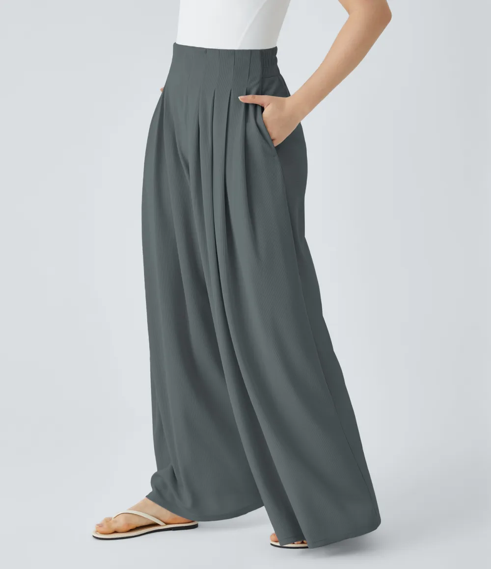 High Waisted Pleated Side Pocket Flowy Wide Leg Palazzo Waffle Casual Pants