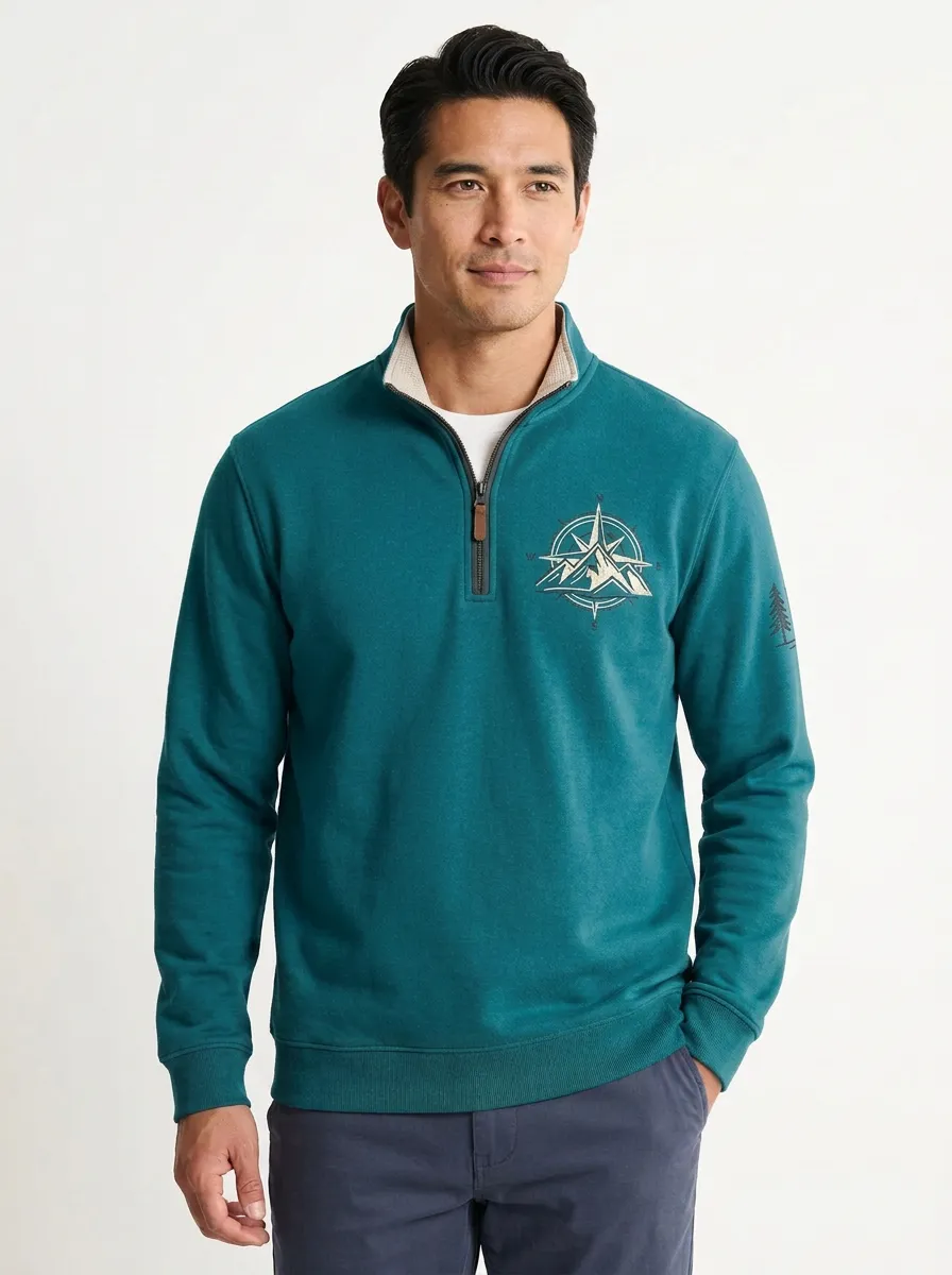 Men's Contrast Lined Mountain Compass Quarter Zip Sweatshirt