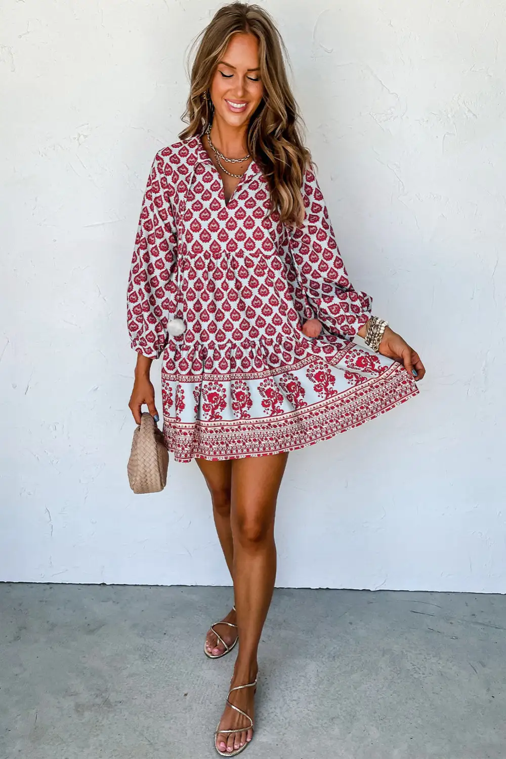 Boho Tassel Tie Split Neck Puff Sleeve Mini Dress