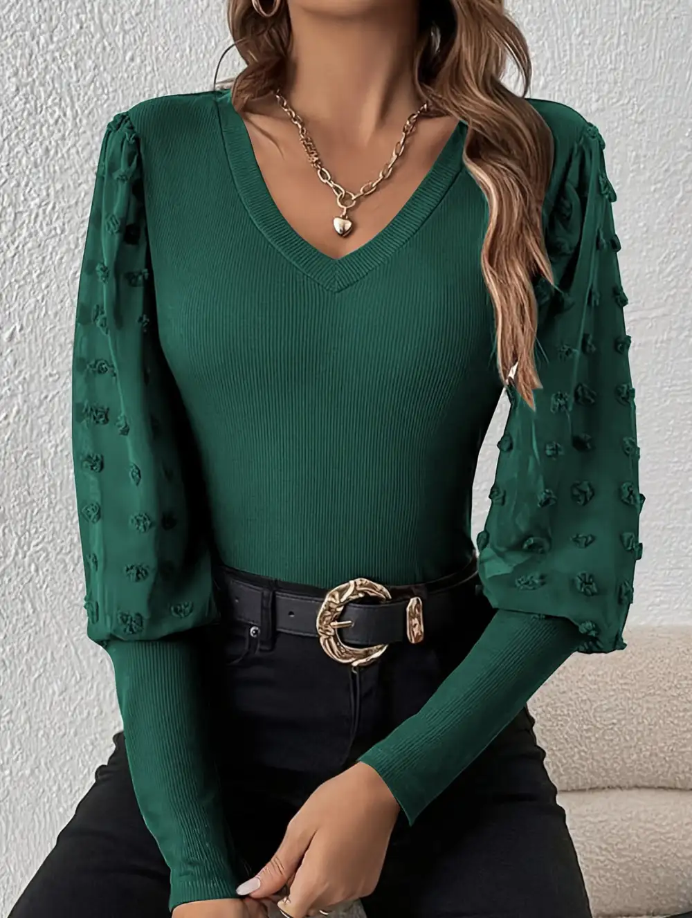 Ribbed V-Neck Chiffon Sleeve Top
