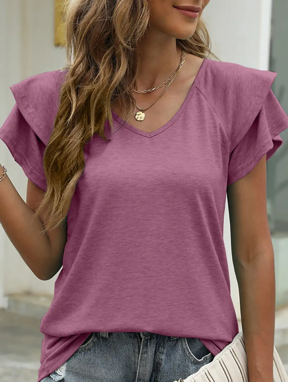 V Neck Double Layer Ruffle Sleeve Tank Top