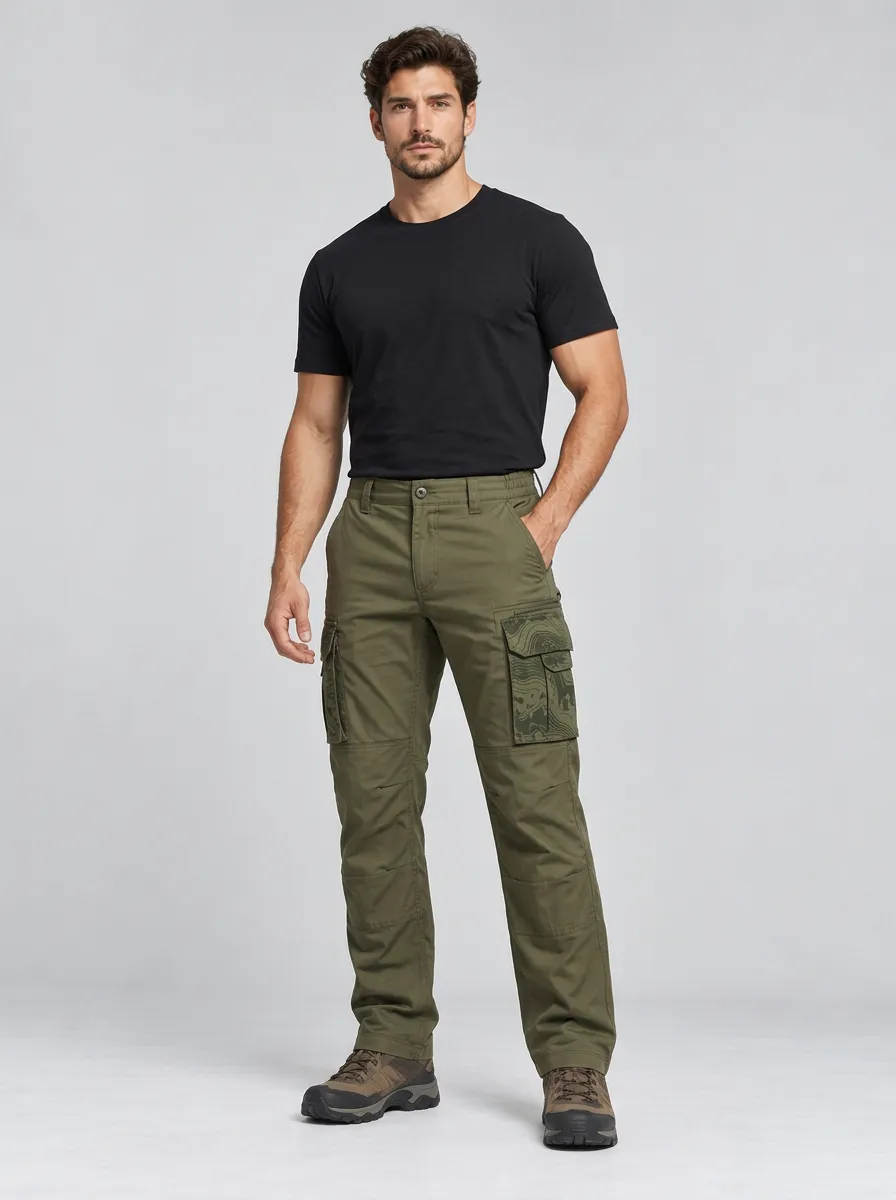 Men's Olive Green Camo Multi-Pocket Reinforced Knee Tactical Cargo Pants