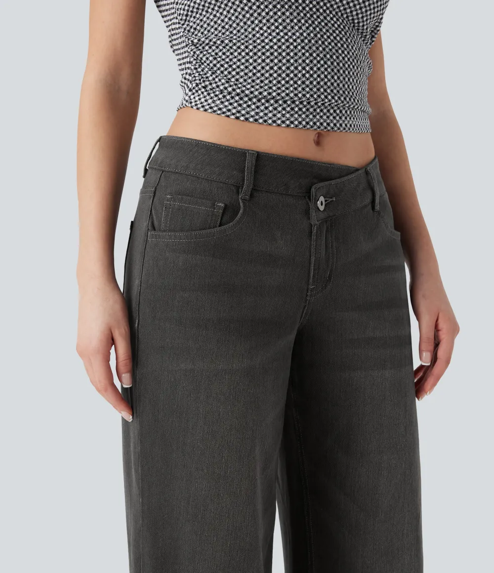 Asymmetric Low Rise Zipper Pockets Baggy Wide Leg Washed Casual Jeans