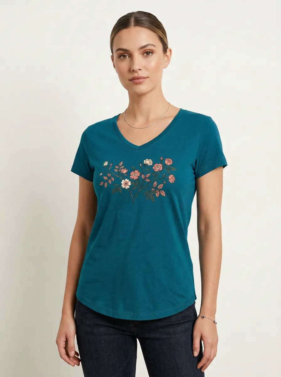 Women's Rose Branch Graphic V-Neck T-Shirt