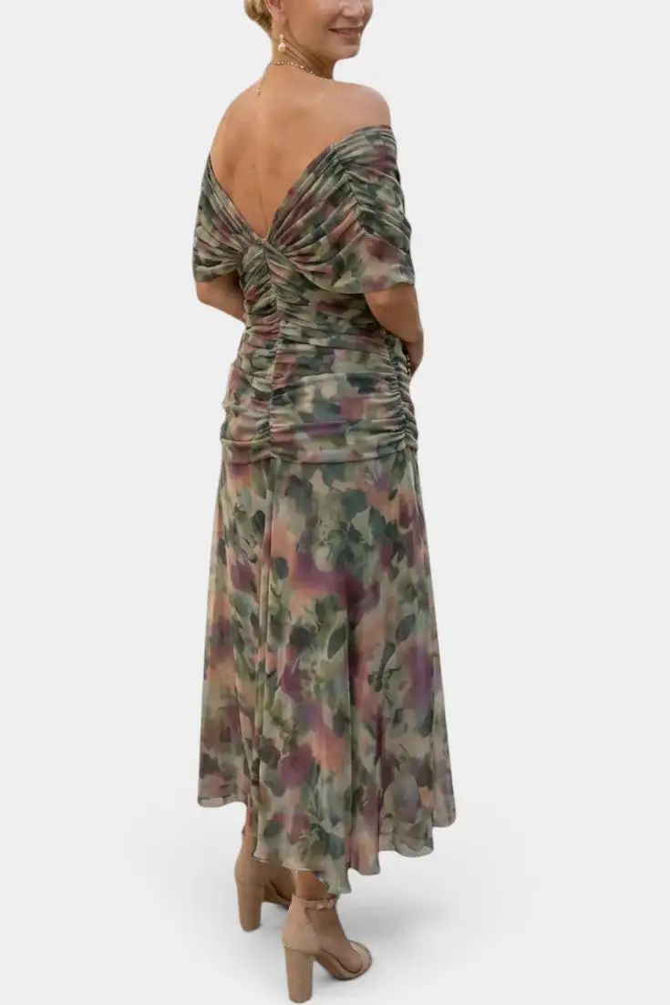 Off-Shoulder Watercolor-Print Maxi Dress