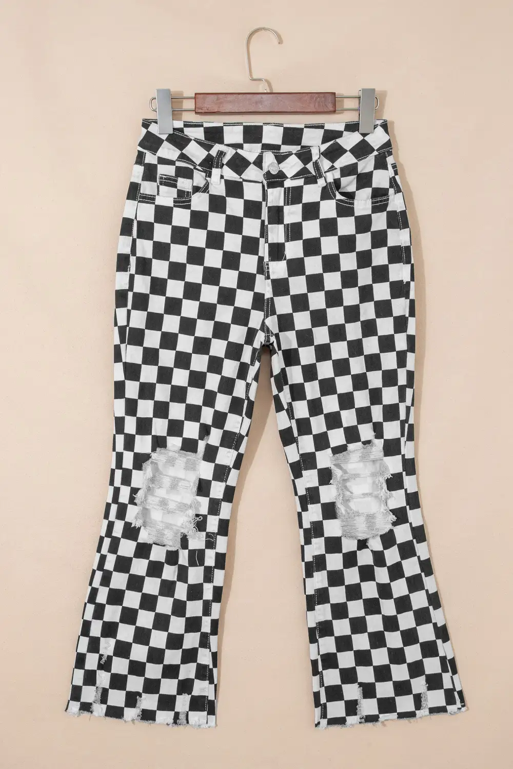 Women's Checkerboard Print Distressed Holes Raw Edge Cropped Jeans