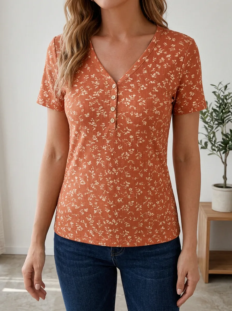 Women's Casual Floral Rust Printed Henley Top