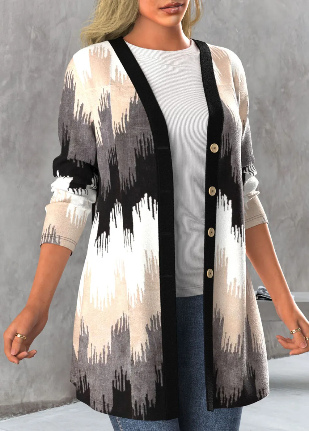 Black Button Geometric Print Long Sleeve Coat