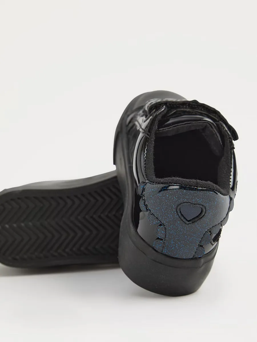 Black Heart Cutout Patent Twin Strap School Shoes