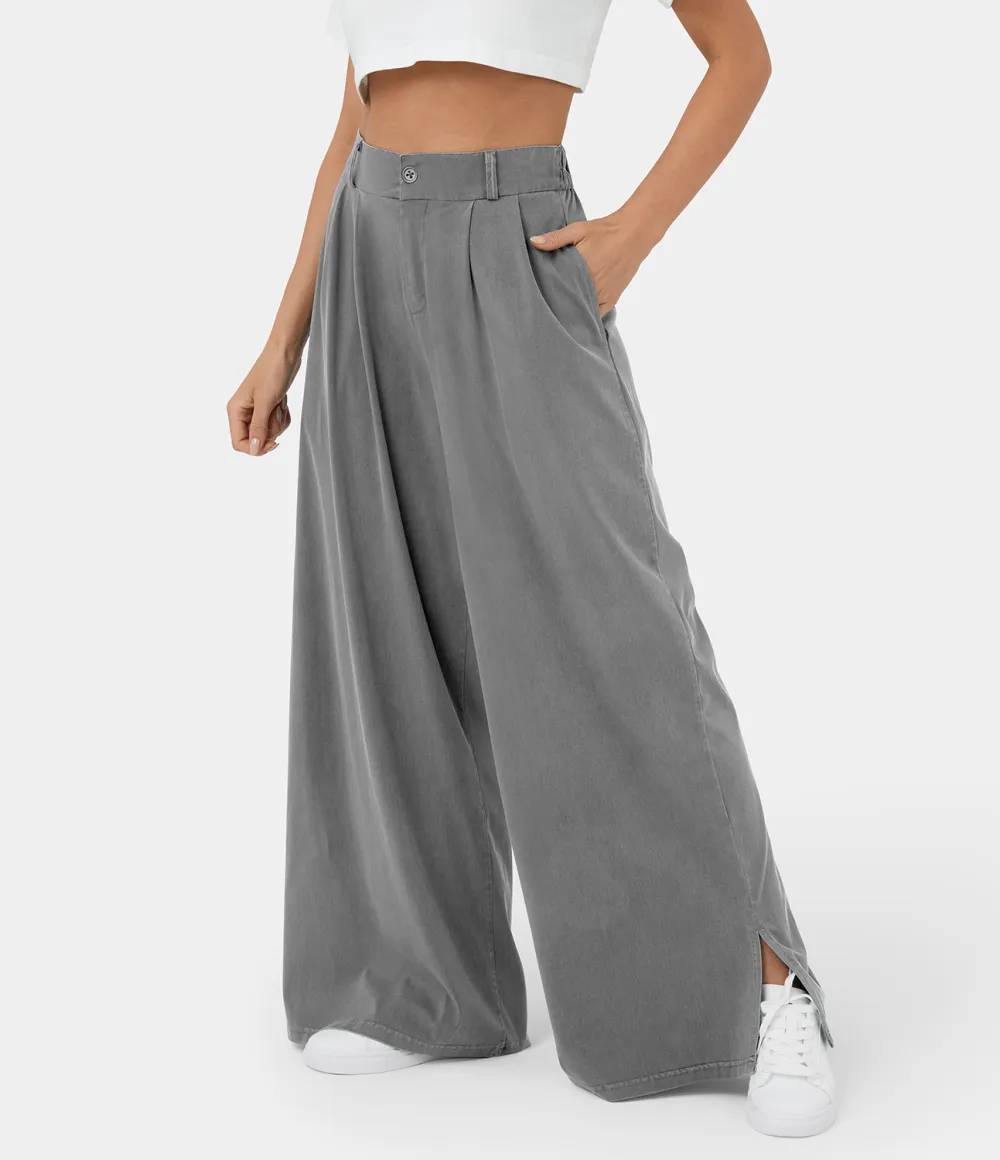 High Waisted Button Zipper Plicated Side Pocket Split Hem Wide Leg Casual Pants