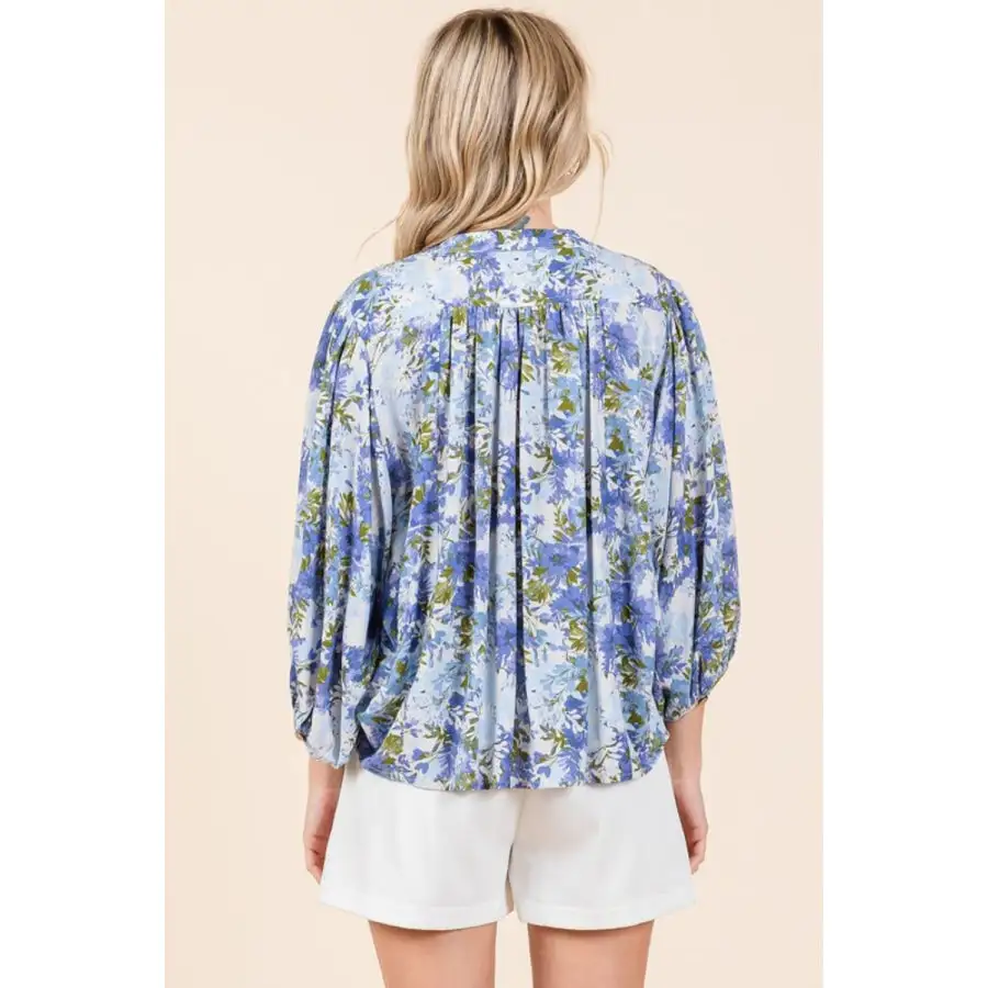 Flower Print Batwing Sleeve Button Down Blouse
