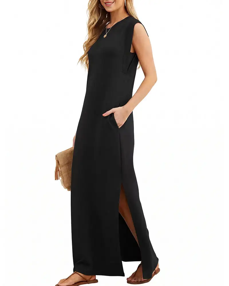 Casual Sleeveless Split Maxi Dress With Pockets