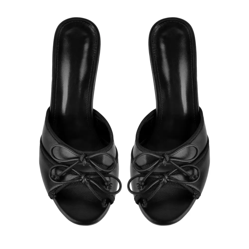 Round Toe Double Bow Tapered Heel Mule Sandals