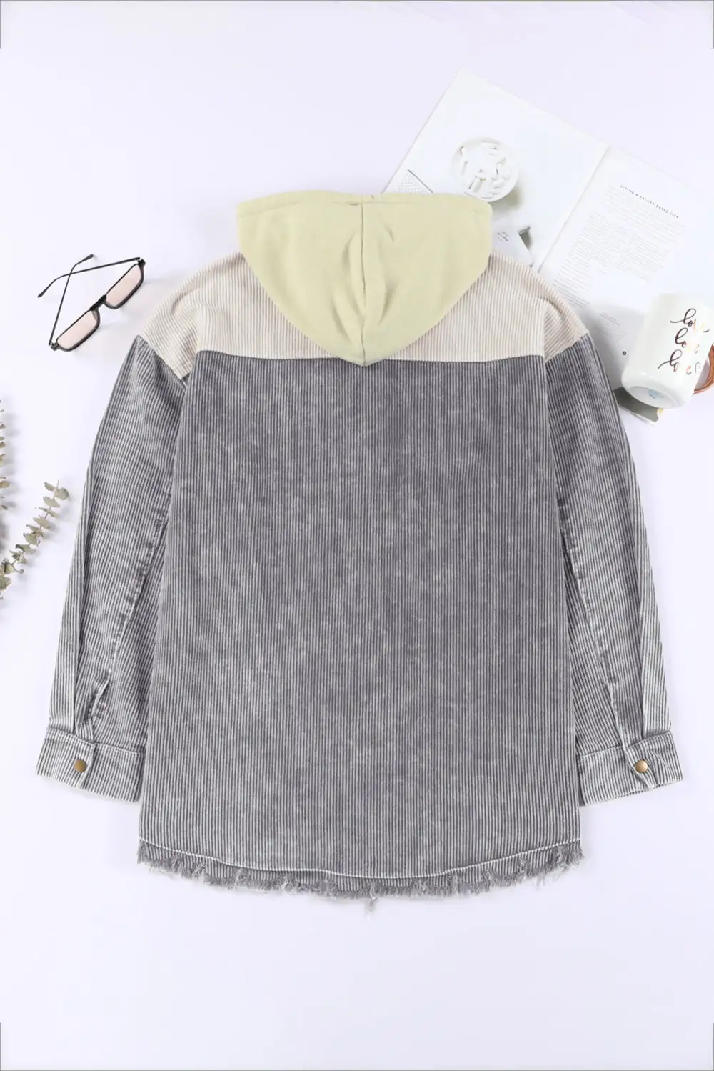 Women's Colorblock Button Down Hooded Corduroy Jacket
