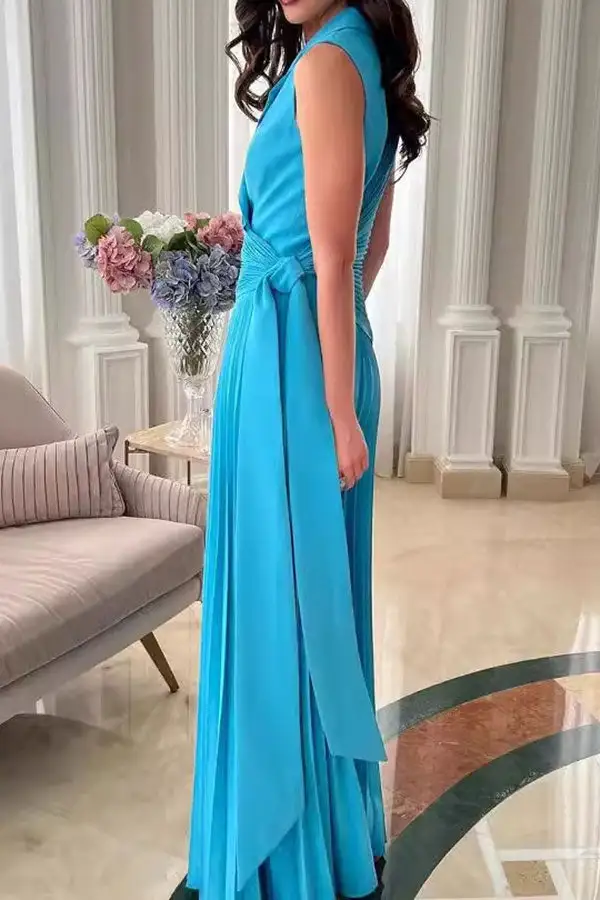 Pleated Lace-Up Lapel Wide-Leg Jumpsuit