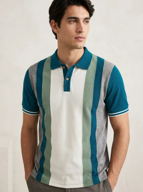 Men's Vintage Style Vertical Striped Colorblock Printed Polo Shirt