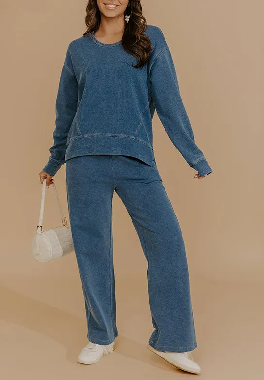 High Waist Wide Leg Knit Chambray Drawstring Pants