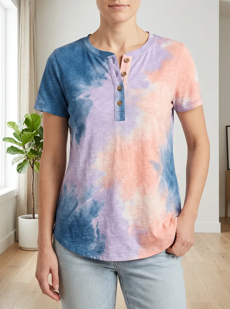 Women's Tie-Dye Pattern Buttoned Henley Printed T-shirt